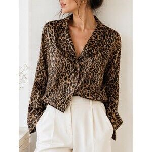 Vintage Y2K Leopard Satin Button Up Blouse Small Mob Wife Grunge Minimalist Top